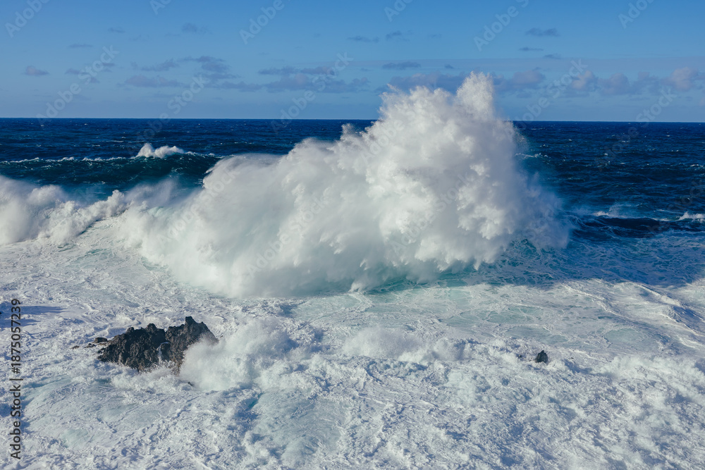 Fototapeta premium Huge crashing waves in the ocean. Summer and surf concept. Ocean textures. 