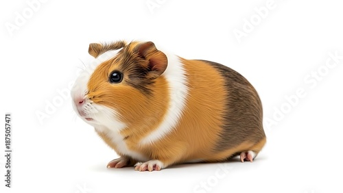 Adorable Tricolor Guinea Pig (Cavia porcellus) Studio Shot: Fluffy, Domestic Pet Rodent with Brown, White, and Ginger Fur, Isolated on a Bright White Background for Veterinary or Pet Care Themes.