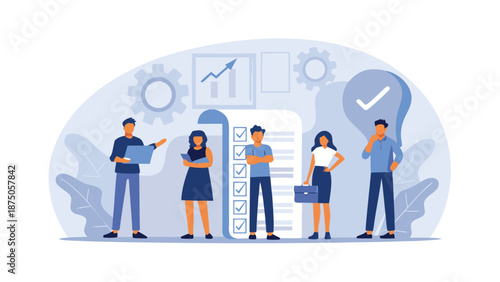 Diverse group of business professionals standing in front of a checklist and graph illustrations