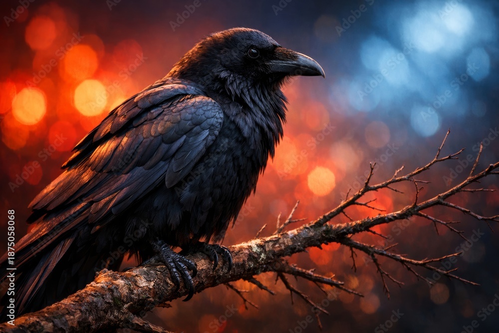 Fototapeta premium Majestic raven perches on branch at twilight. Beautiful nature scene captures elegance and mystery. This striking image enhances wildlife photography collections.