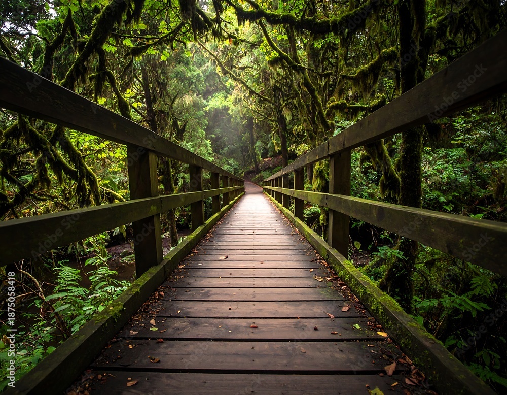 Fototapeta premium Wooden bridge pathway through a lush, green, mossy forest