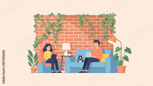 Illustration of a couple working on laptops on a couch with their dog in a cozy, plant-filled room