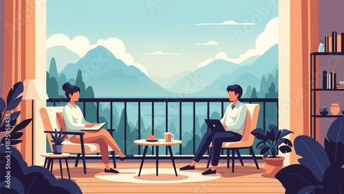 Illustration of a couple working remotely on a balcony with a beautiful mountain landscape view