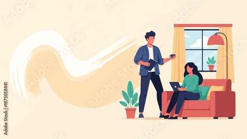 Illustration of a couple working remotely in a cozy living room with space for text