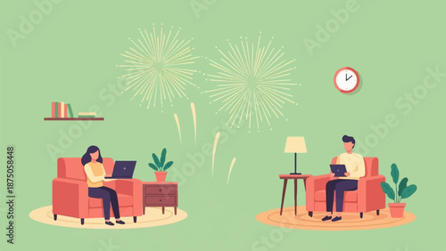 Illustration of a couple working remotely on laptops during a holiday celebration with fireworks