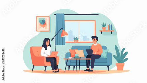 Illustration of a couple working remotely on laptops in a cozy, modern living room interior