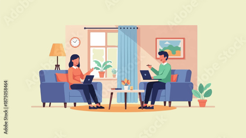 Illustration of a couple working remotely on laptops from their cozy, sunlit living room armchairs
