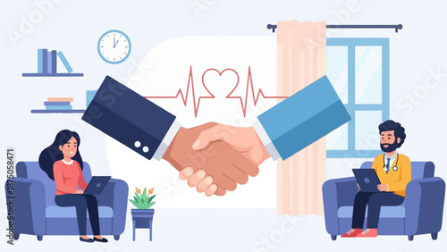 Illustration of a doctor and patient in armchairs with a large handshake and heart rate symbol