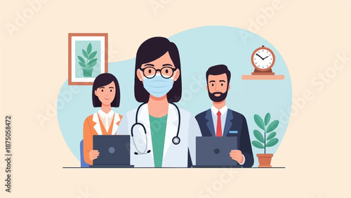 Illustration of a doctor with a mask and stethoscope flanked by two professionals with laptops
