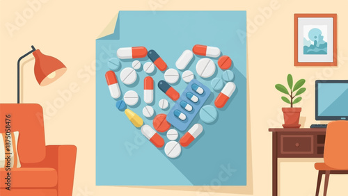 Illustration of a cozy room with a poster showing colorful pills and capsules arranged in a heart