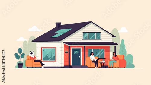 Illustration of a cozy suburban house with two women and an anthropomorphic dog relaxing outside