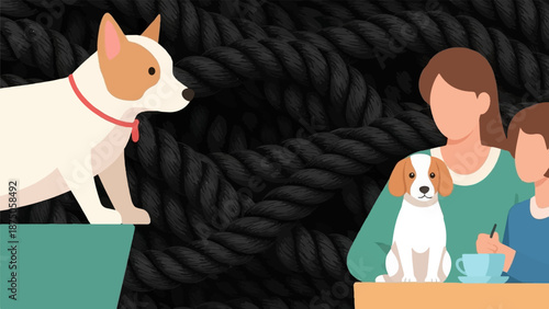 Illustration of a faceless family with two small dogs against a background of thick, black ropes
