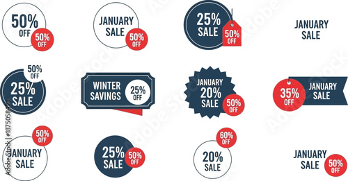 Collection of various winter sale and january discount graphic badges featuring percentage savings labels for retail promotions