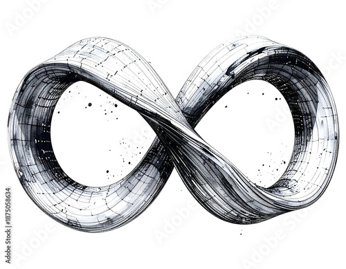 Swirling metal infinity symbol, black background, digital art style