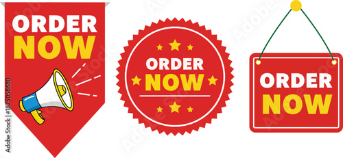 Order now promotional graphic elements with a megaphone and signs in Vector/EPS. 