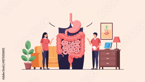 Illustration of a man and woman discussing the human digestive system in a modern interior setting