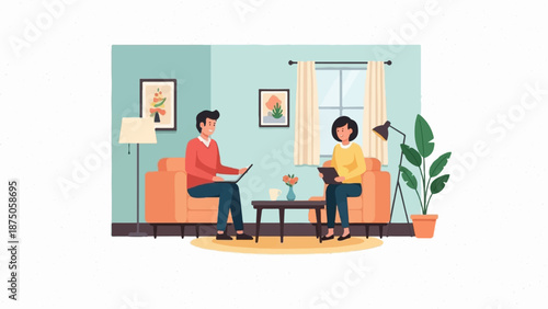 Illustration of a man and woman in a cozy living room, having a meeting with electronic devices