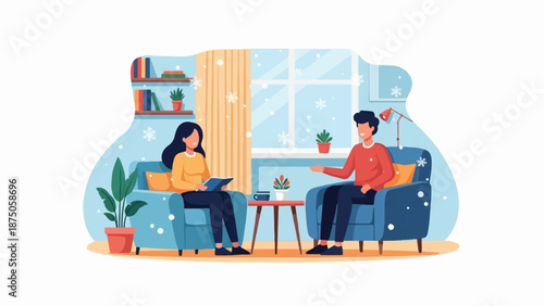 Illustration of a man and woman having a conversation in a cozy living room while it is snowing