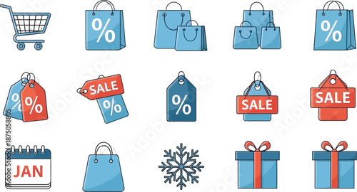 Collection of stylized shopping icons featuring shopping carts bags tags price reduction symbols and festive gift boxes for seasonal retail promotions