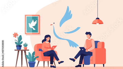 Illustration of a man and woman working on laptops with a blue dove flying between them in a room