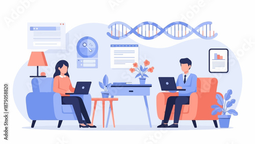 Illustration of a man and woman working on laptops with a DNA helix and charts in the background