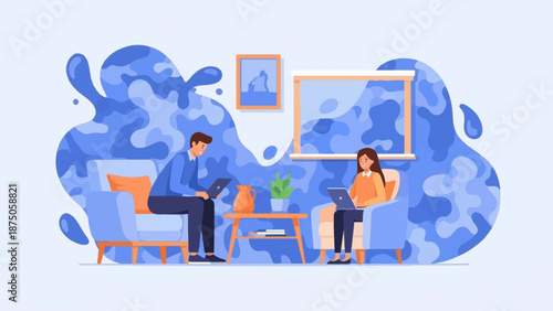 Illustration of a man and woman working on laptops in a modern living room with an abstract background.