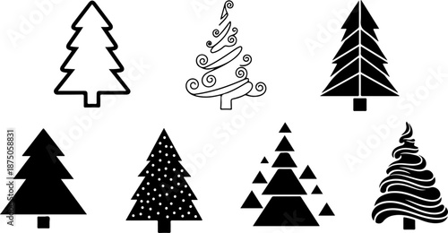Evergreen Pine Tree Silhouette Collection Isolated on White Background
