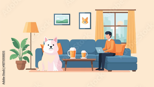 Illustration of a man on a couch with a laptop, his dog, and beers in a modern living room