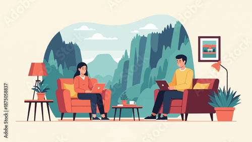 Illustration of a man and woman working remotely in a living room with a surreal mountain backdrop