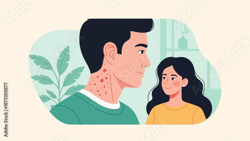 Illustration of a man with a skin rash on his neck being looked at by a concerned woman