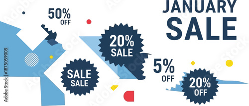 Graphic banner announcing a major january sale event featuring various percentage discounts and abstract blue and white geometric shapes creating visual interest