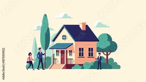 Illustration of a real estate agent showing a new house to a young couple in a suburban setting
