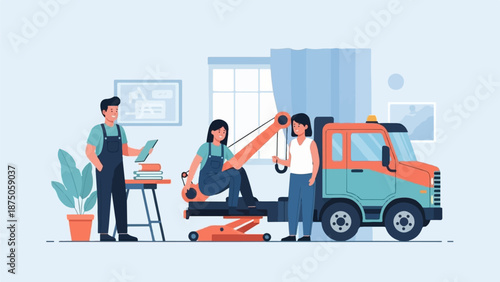 Illustration of a roadside assistance team with a tow truck in an office-like setting