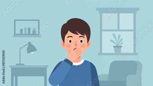 Illustration of a shocked young man covering his mouth with his hand inside a simple blue room
