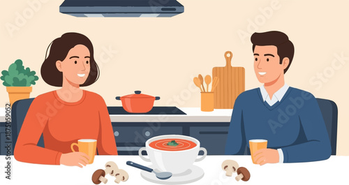 Illustration of a smiling couple sitting at a kitchen table, sharing a warm bowl of tomato soup