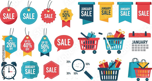 Collection of vibrant shopping icons featuring various sale tags discounts percentages promotional banners and essential retail elements