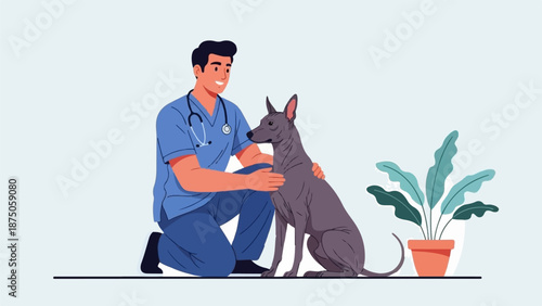 Illustration of a smiling veterinarian in blue scrubs examining a calm, hairless grey dog