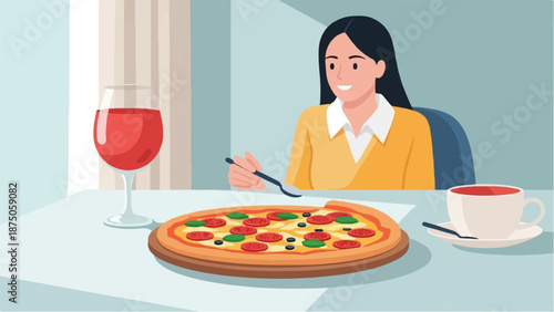 Illustration of a smiling woman at a table, about to enjoy a pizza with red wine and a hot drink