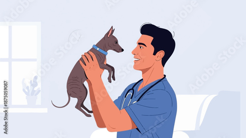 Illustration of a smiling veterinarian in blue scrubs holding a small, hairless dog during an exam
