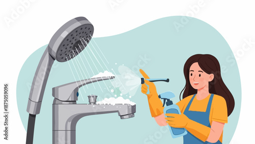 Illustration of a smiling woman in an apron and gloves cleaning a modern faucet with a spray bottle