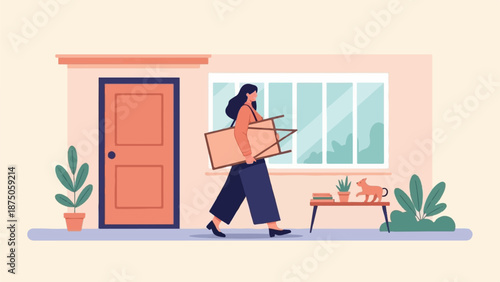 Illustration of a woman carrying a folding table in a modern home with a cat figure and houseplants