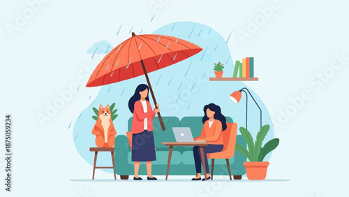 Illustration of a woman holding an umbrella over another working on a laptop as it rains indoors