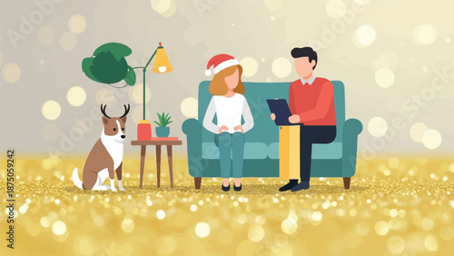 Illustration of a woman in a Santa hat in a therapy session, with a dog wearing antlers nearby