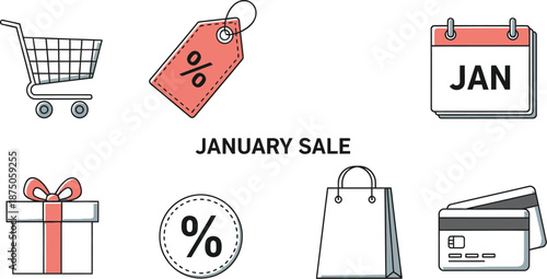 Collection of retail icons representing a January sale event including shopping carts discount tags a gift and payment methods