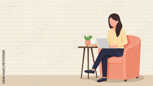 Illustration of a woman in an armchair working on a laptop with a coffee table beside her
