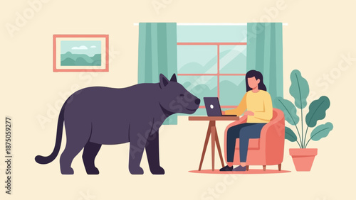 Illustration of a woman on her laptop in a living room, with a large black panther looking on