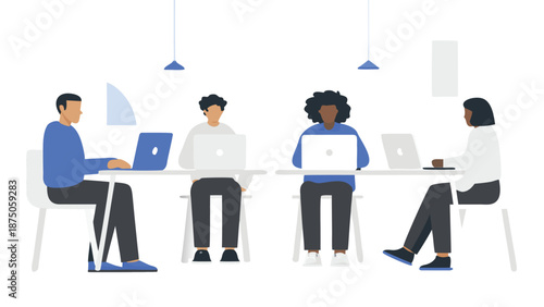 Modern office interior with diverse team working on laptops at a shared table