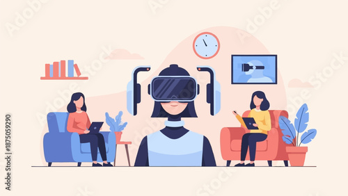 Illustration of a woman in a VR headset, with two others working on devices in the background