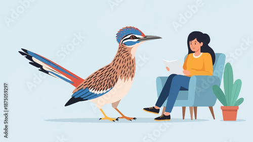 Illustration of a woman reading in a chair next to a very large, colorful greater roadrunner