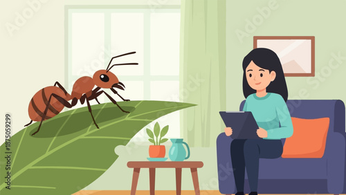 Illustration of a woman on a couch observing a giant ant on a leaf in a surreal living room